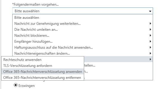 Danach gilt es, bei „Folgendermaßen vorgehen“ die Verschlüsselung zu aktivieren. Hierfür sorgt die Option „Die Nachrichtensicherheit ändern\Office 365-Nachrichtenverschlüsselung anwenden“. (Bild: Thomas Joos)