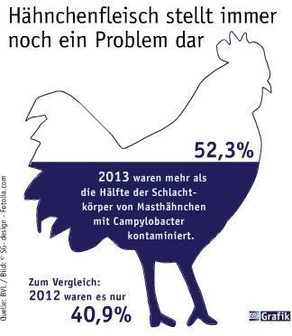 April Ausgabe 2015  Hähnchenfleisch stellt immer noch ein Problem dar   2013 waren mehr als die Hälfte der Schlachtkörper von Masthähnchen mit Campylobacter kontaminiert. Zum Vergleich: 2012 waren es nur 40,9%. (Bild: Laborpraxis)