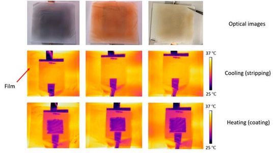 The material contains a layer that can take on two conformations: solid copper that retains most infrared heat, which helps keep the building warm; or a watery solution that emits infrared, which can help cool the building.(Source:  University of Chicago PME - Image courtesy of Hsu Group)