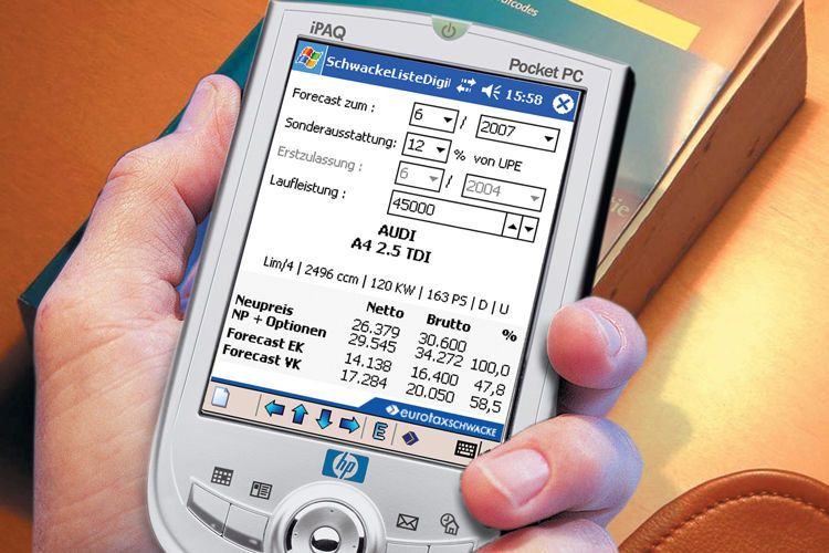 Ein weiterer Gewinner 2004 war die „Schwacke Liste Digital“ von Eurotax Schwacke. Bei der Schwacke Liste Digital handelte es sich um eine Alternative zur klassischen Gebrauchtwagenbewertung – es war quasi die Schwacke-Liste für unterwegs. (Bild: Schwacke)