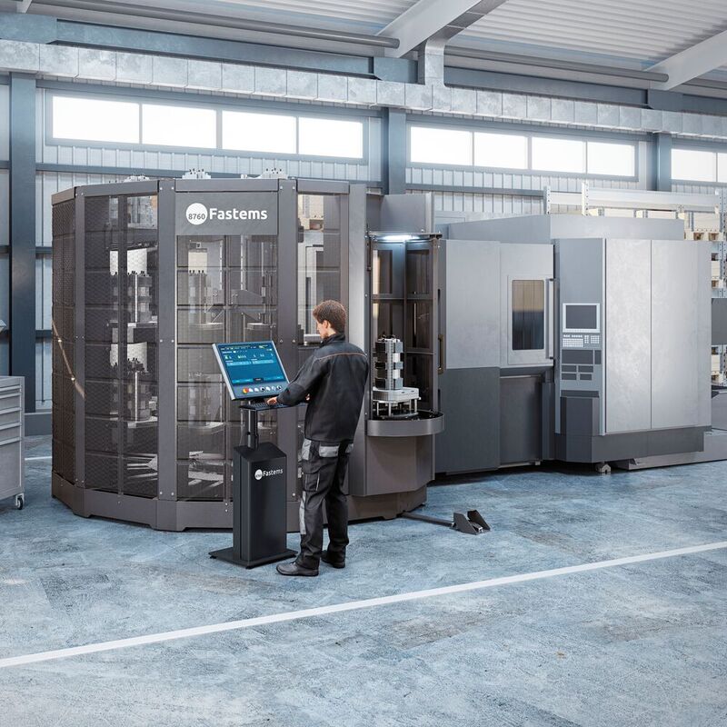 Kompakter und flexibler als vergleichbare Lösungen: der FPT (Flexible Pallet Tower) von Fastems für die Automatisierung von CNC-Fräsmaschinen. 