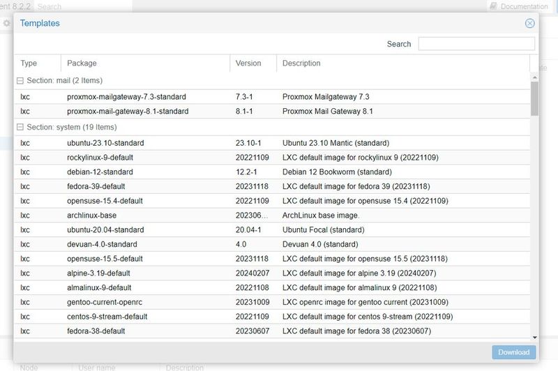 Proxmox bietet zahlreiche Vorlagen für LXC-Container. (Bild: Proxmox Server Solutions)