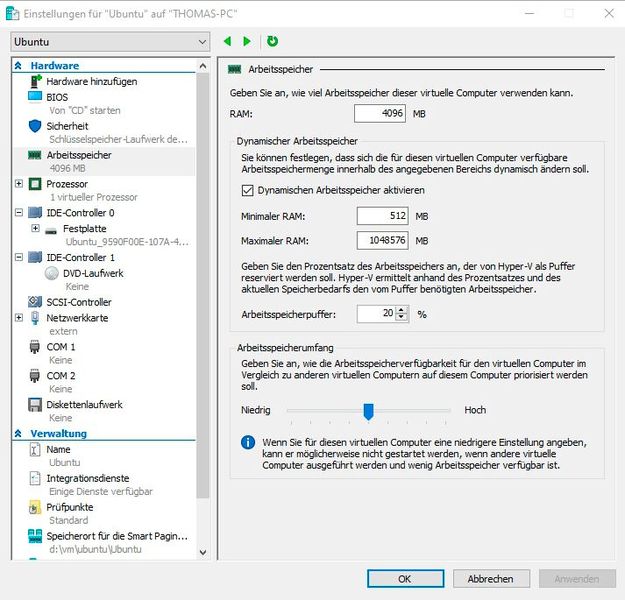 Konfigurieren des virtuellen Arbeitsspeichers für eine Linux-VM. (Bild: Microsoft / Joos)