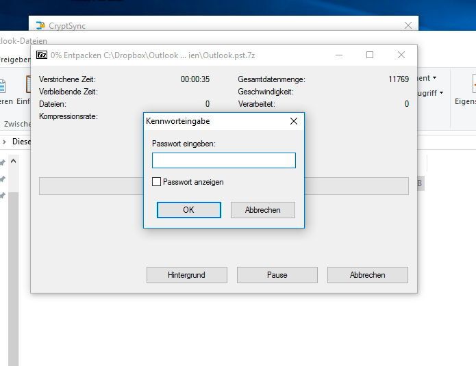 Für das Entpacken der verschlüsselten Datei ist das Kennwort notwendig, das bei der Verschlüsselung angegeben wurde. Ohne dieses Kennwort ist kein Zugriff auf die verschlüsselten Dateien möglich. Nach der Eingabe des richtigen Kennworts, wird die Datei im ausgewählten Verzeichnis entschlüsselt. (Thomas Joos)