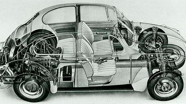 Ab der A-Säule nach vorne unterschieden sich 1302 und 1303 vom bisherign Käfer-Layout. Für eine deutlich bessere Straßenlage und ebenso mehr Kofferraum sorgte die neue Federbeinvorderachse. (Bild: Volskwagen AG)