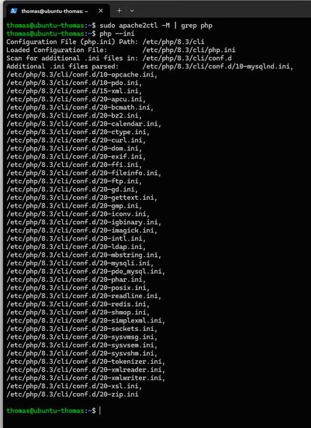 Anzeige der geladenen PHP-Module und der aktiven CLI-Konfigurationsdateien mit „php --ini“ zur Verifikation der eingesetzten PHP-Version und Extensions. (Bild: Joos - Nextcloud)