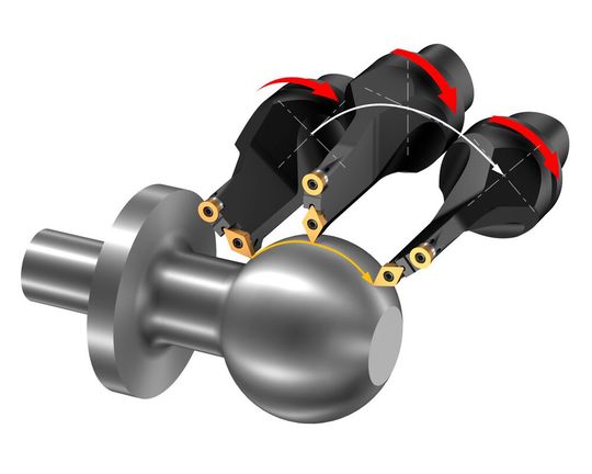 Sandvik Coromant bietet für das neue Y-Achsen-Drehen auch zwei neue Werkzeugsysteme an: Coroturn Prime (oben links) eignet sich für Wellen, Flansche und Bauteile mit Hinterschneidungen. Und das Doppelwerkzeug Coroplex YT (rechts daneben) empfiehlt sich für Bauteile mit Taschen und Kavitäten.(Bild:  Sandvik Coromant)