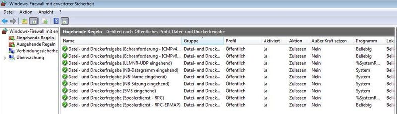Durch den Filter werden nun die Regeln für einen Dienst, im Beispiel „Datei- und Druckfreigaben“ übersichtlich dargestellt. (Archiv: Vogel Business Media)