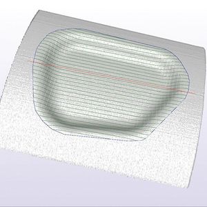 Die Software LaCam3D bietet umfangreiche Möglichkeiten zur Programmierung der Schweißbahnen. Im Bild wird aus der Berandungslinie des Schweißbereichs (blau) und der Startlinie (rot) eine äquidistante Linienschar auf der Freiformfläche abgeleitet.