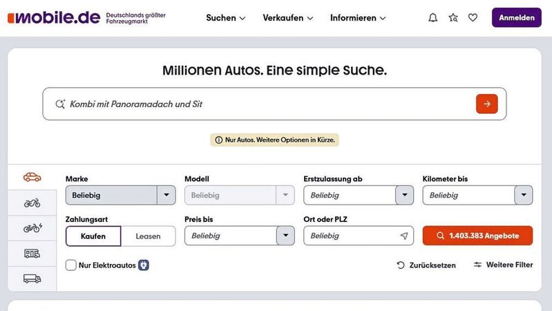 Mobile.de hat auf seinem Marktplatz eine KI-Fahrzeugsuche eingeführt, die Nutzern die Fahrzeugsuche vereinfachen und sie schneller gestalten soll.(Screenshot mobile.de GmbH/VCG)