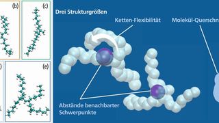 Alkan-Moleküle, deren Viskosität mittels Molekulardynamiksimulation bei Hochdruck- und Hochtemperatur-Bedingungen berechnet wurden (links) sowie benötigte Molekül-Struktureigenschaften. (Fraunhofer IWM)