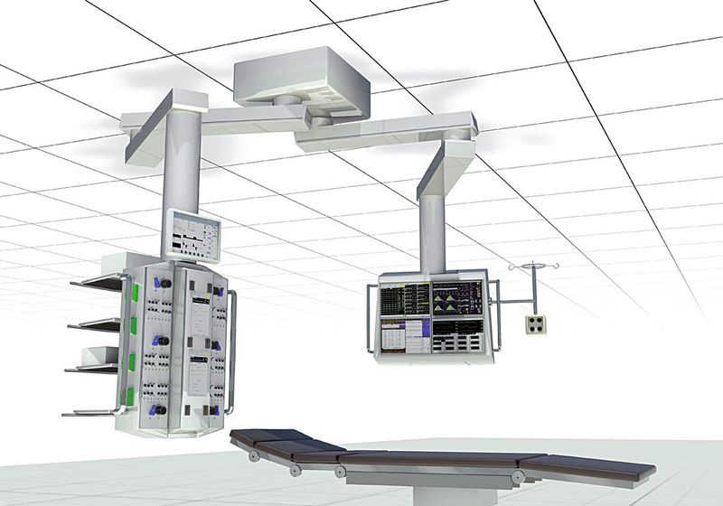 Deckenstativ: Dank Lagereinheit mit integrierter elektromechanischer Bremse können zahlreiche medizinische Geräte, Computer und Bildschirme in ergonomisch optimale Positionen gebracht werden. (Bild: Schaeffler)
