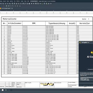 Generating material lists: In a specific example project, it took 10 clicks with the current WSCAD Electrix version without AI Copilot. When using the AI Copilot, the entire process requires exactly one click plus the entry "Create a material list" in the command line.(Image: WS-CAD)