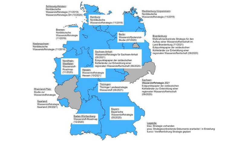 Überblick der Wasserstoffstrategien in Deutschland. (Bild: ISI Fraunhofer/ Karte erstellt mit ArcMap 10.4, Geodaten: © GeoBasis-DE / BKG (2020))