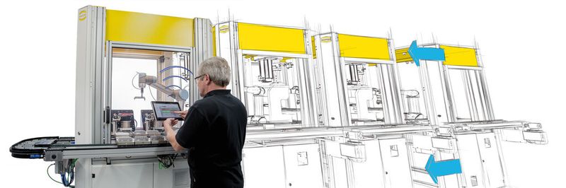 Die „Fleximon“-Anlage hat Harting gemeinsam mit der Universität Bielefeld (CoR-Lab & Citec) entwickelt. Sie zeigt, wie die Modifikation eines Arbeitsplans auf Ebene des ERP-Systems zur Veränderung des Anlagenverhaltens führt, ohne dass dafür explizit eine Programmierung notwendig ist. (Bild: Harting)