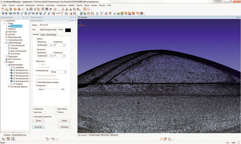 In Polyworks werden aus den Punktwolken geschlossene Dreiecksnetze berechnet. (Bild: Steinbichler)