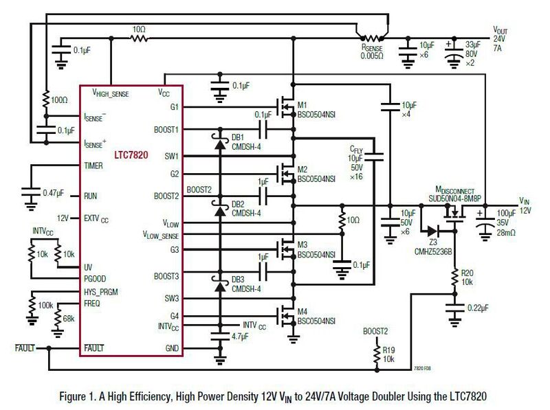 Bild 1: Dieser auf dem LTC7820 basierende Spannungsverdoppler von 12 V Eingangsspannung auf 24 V Ausgangsspannung (bei 7 A) bietet einen hohen Wirkungsgrad und eine hohe Leistungsdichte. (Bild: Linear Technology)