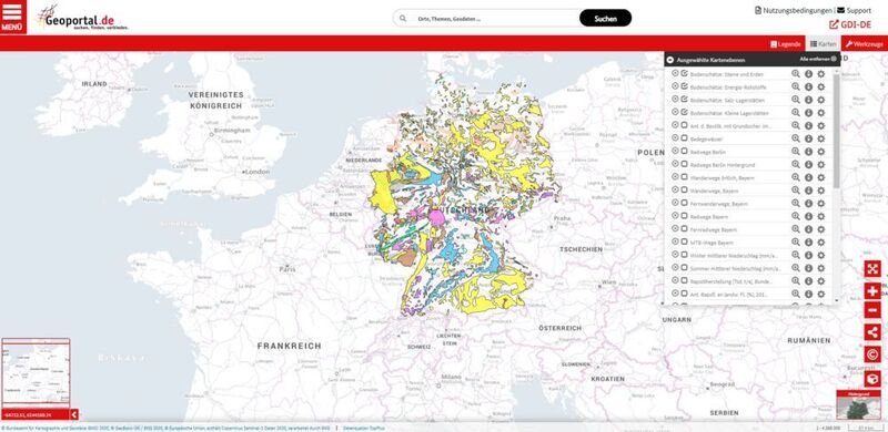 Im Themenfeld Wirtschaft und Finanzen gibt es eine Karte zu den Bodenschätzen in Deutschland (www.geoportal.de)