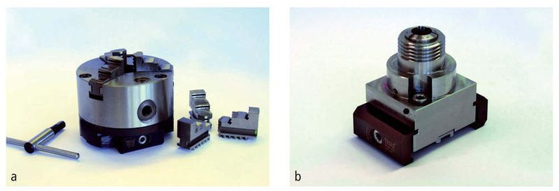 Bild 2: Handspannfutter (a) und Spannzangenmodul mit integriertem Power-Clamp-Anschluss (b) für sekundenschnellen Modulwechsel. (Archiv: Vogel Business Media)