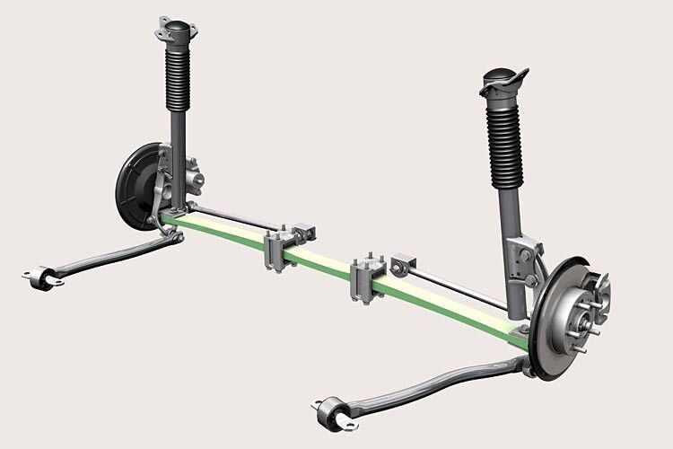 Leichtbau-Kompetenz von ZF: Die radführende Querblattfeder (grün) übernimmt in der ZF-Leichtbauachse Radführung, Hub- und Wankfederung. (Foto: ZF Friedrichshafen)