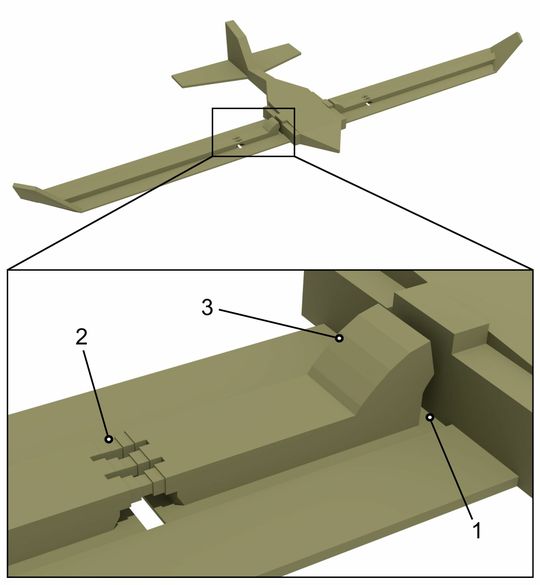 (Das Kieler Forschungsteam wandte die Strategien der Insekten auch auf ein Flugzeugmodell an: (1) flexible Gelenke (2) Abknickbereiche und (3) mechanische Stopper. Bild: Ali Khaheshi)