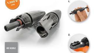 Den PV-Stick mit Push-in-Anschluss stellt Weidmüller als den schnellsten werkzeuglosen Steckverbinder für 1.500 V DC Anlagen vor. Detail 1: Die korrekte Abisolierlänge lässt sich mit Hilfe der gut sichtbaren Markierung an der Verschlusskappe prüfen. Detail 2: Das ergonomische Design erleichtert die Konfektionierung und Installation des PV-Steckverbinders selbst unter erschwerten Bedingungen. (Weidmüller)