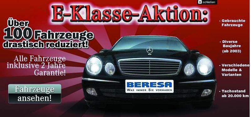 Die auffällige Internetwerbung im Stile von Media Markt und Co. stellte den Erfolg sicher. Verkauft hat das Autohaus rund 60 Modelle der Vorgänger-E-Klasse. (Archiv: Vogel Business Media)