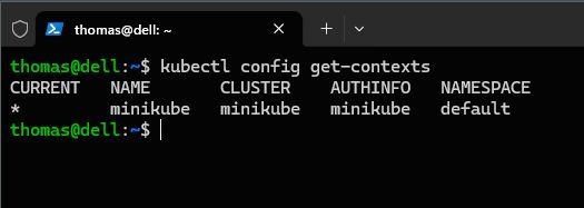 Ausgabe von kubectl config get-contexts mit aktivem Kontext 