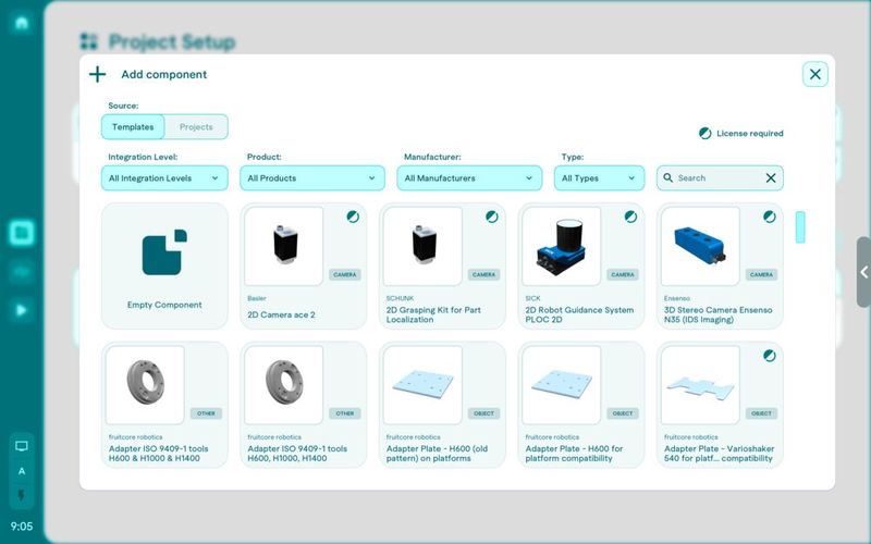Komponentenbibliothek mit über 200 Ready-to-use Zubehörteilen wie Sicherheitstechnik, Greifern oder Kameras. (Bild: fruitcore robotics)