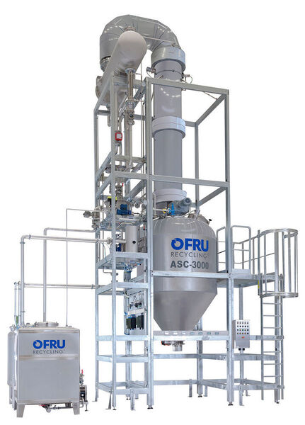The ASC-3000 distillation plant separates valuable solvents from impurities such as water or other liquid chemicals by distillation in a highly automated 24-hour operation. (OFRU Recycling)
