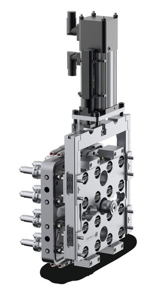 Der Schiebemechanismus des 16-fach-Nadelverschlusssystems ermöglicht aufgrund seiner mechanischen Kopplung, die Nadeln exakt synchron zu öffnen und zu schließen. (Günther Heisskanaltechnik)