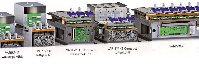Bild 1: Variantenbeispiele des Umrichtersystems VARIS mit Wasser- und Luftkühlung. (GvA Leistungselektronik)