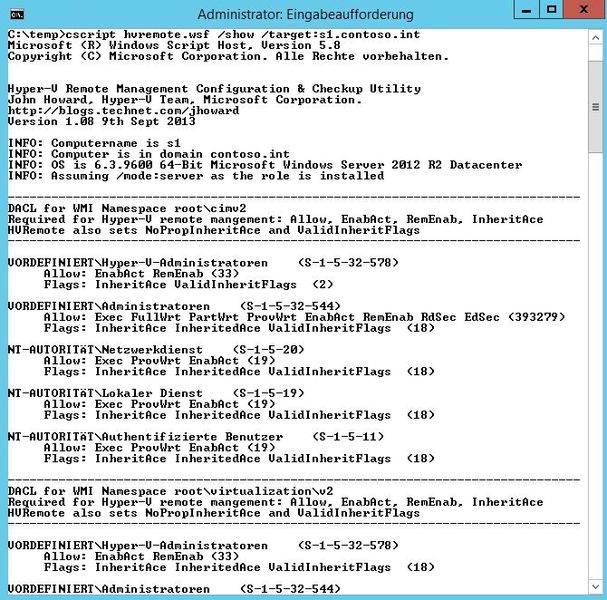 Abbildung 7: Die Remoteverwaltung von Hyper-V kann auch von Windows 8.1 aus erfolgen. Dazu werden die Remoteserververwaltungs-Tools auf dem Client benötigt. Das Microsoft Hyper-V Remote Management Configuration Utility (HVRemote) aktiviert die Fernwartung auf dem Server.  (Bild: Joos)