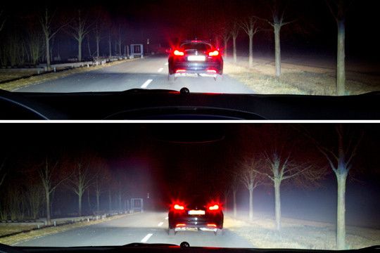 Dasselbe gilt für vorausfahrende Fahrzeuge (unteres Bild; oben die Ausleuchtung mit herkömmlichem Fernlicht).  (Foto: Opel)
