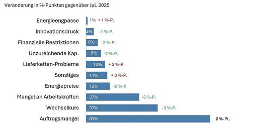 Die drei grössten Herausforderungen der MEM-KMU: Auftragsmangel, Wechselkurs und Mangel an Arbeitskräften.(Bild:  BAK Economics, Swissmechanic-Quartalsbefragung)