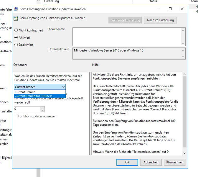 Über den Bereich „Windows-Update\Windows-Updates zurückstellen“ kann per Richtlinie festgelegt werden, dass Windows 10 Updates mit neuen Funktionen bis zu 180 Tage verzögert installiert. (Joos / Microsoft)
