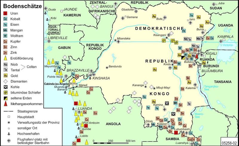 Verteilung der Bodenschätze in der Demokratischen Republik Kongo. Gut zu erkennen ist die Vielzahl von Lagerstätten im Osten des Landes im Grenzgebiet zu Ruanda, Burundi und Uganda. (Grafik: Zentrum für Militärgeschichte und Sozialwissenschaften der Bundeswehr)