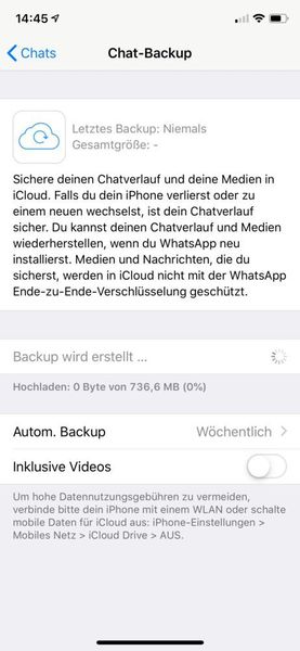 iCloud unterstützt auch die Datensicherung von externen Apps - hier die Chatverläufe und Medien aus WhatsApp. (Apple)
