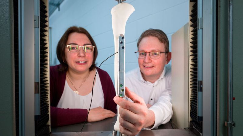 Die Nachwuchswissenschaftler Susanne-Marie Kirsch (l.) und Felix Welsch mit dem Prototyp des smarten Implantats, der auf der Hannover Messe gezeigt wird.(Bild:  Olilver Dietz)
