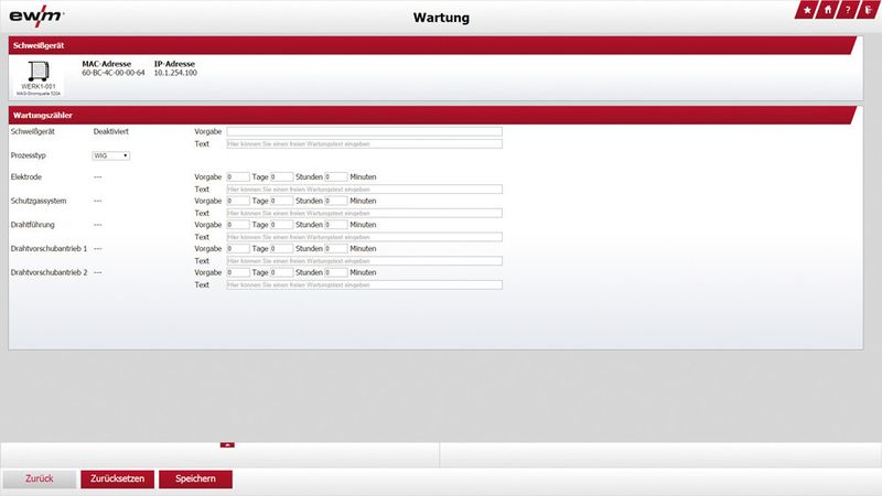 Wartungsintervalle können für jedes Schweißgerät individuell hinterlegt werden: Ist der Wartungszeitpunkt erreicht, erscheint eine Klartextanzeige auf dem Bildschirm – stets im Blick des Anwenders. (EWM)