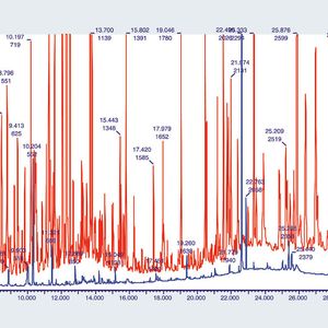 Abb.2: GC Full-Scan Chromatogramme (TIC) von Kräutertee, 0,2 mg on-column
(rote Kurve) und Erdbeere, 10 mg on-column (blaue Kurve)