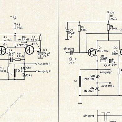Schaltungstechnik: Impulsgenerator mit Rückkopplung der Ausgangsspannung zum Eingang (links). Positive Impulse in Phase mit der Vorderflanke des Triggerimpulses erhält man mit der Schaltung (rechts). (Bild: Electronic Design, Heft 13/1968)