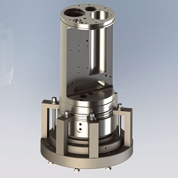 Konstruktion, Bau und Einsatz einer Vorrichtung zur Filigranspannung eines 200 kg Bauteils um die Genauigkeiten im 0,02 mm Bereich zu fertigen. (Bild: Loll Feinmechanik)