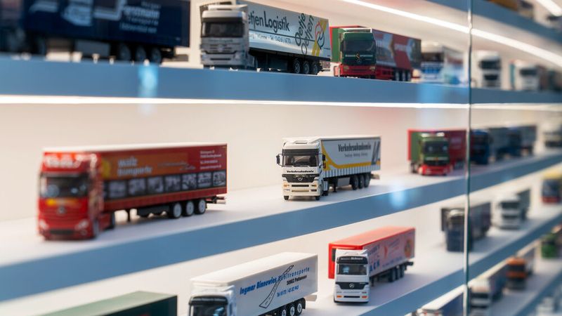 In einem Regal lässt sich die Vielfalt an Aufbauten begutachten. (Bild: Daimler Truck AG)