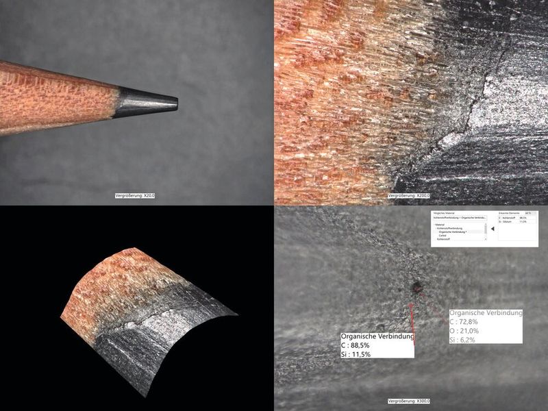 Zoom, 3D-Ansicht und Elementanalyse einer Bleistiftspitze. In der Aufnahme unten rechts ist der kreisförmige Abtrag zu erkennen, der durch den Laserpuls bei der Elementanalyse entsteht. (Bild: VCG – aufgenommen mit Keyence VHX-X1 Digitalmikroskop)