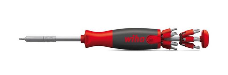 LiftUp 26one Magazin-Bithalter: Der Magazin-Bithalter LiftUp 26one vereint mit seinen 13 Doppelbits 26 der gängigsten Abtriebsprofile in einem Werkzeug. Die Auswahl, Entnahme und Rückführung der Bits funktioniert schnell und einfach per Knopfdruck. Zudem sorgt das neuartige Verpackungsdesign dafür, dass das Bitsortiment nicht nur übersichtlich präsentiert, sondern auch geschützt wird. Der ergonomische SoftFinish-Griff ermöglicht eine sehr gute Kraftübertragung, um auch festsitzende Schrauben zu lösen, Hersteller Wiha Werkzeuge, Schonach, Deutschland. (Bild: Red Dot / Wiha Werkzeuge)