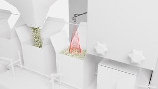 Das ist eine Möglichkeit für den Einsatz der neuen Leuze-Ultraschallsensoren im Verpackungsbereich. Hier sieht man einen Sensor des Typs HTU218, der granulatartige Produkte erfasst. (Bild: Leuze)