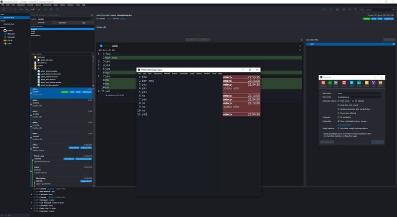 Gittyup mit Editor, Settings, Baum, Logs und Dateibrowser.