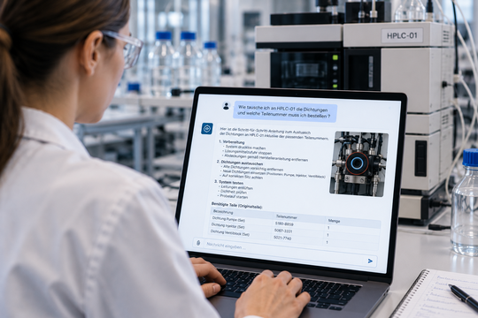 Fig. 5: L’IA di laboratorio rende le conoscenze disponibili immediatamente fruibili nella quotidianità lavorativa: i collaboratori ricevono risposte concrete su apparecchiature, manutenzioni e pezzi di ricambio, sulla base delle informazioni disponibili in laboratorio.(Bild:  KI-generiert)