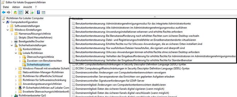 Im oberen Bereich der Richtlinien und Sicherheitsoptionen sind auch die Richtlinien für die Benutzerkontensteuerung zu sehen. Über diese Richtlinien lässt sich das Verhalten der Benutzerkontensteuerung für Rechner ab Windows 7 festlegen. (Thomas Joos)